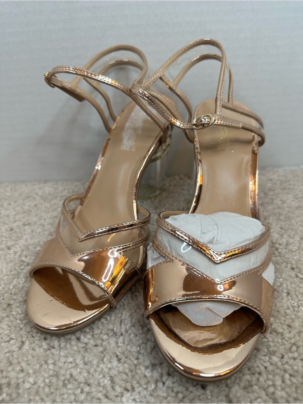 Thalia Sodi Metallic Rose Gold Strappy Heeled Sandals, size 7.5, new